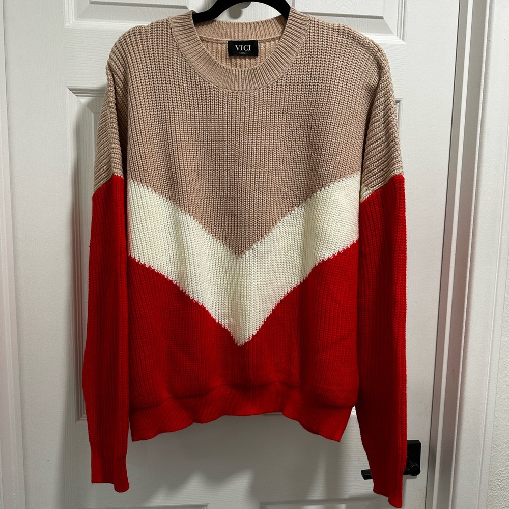 VICI Colorblock Sweater - Red, White, Tan